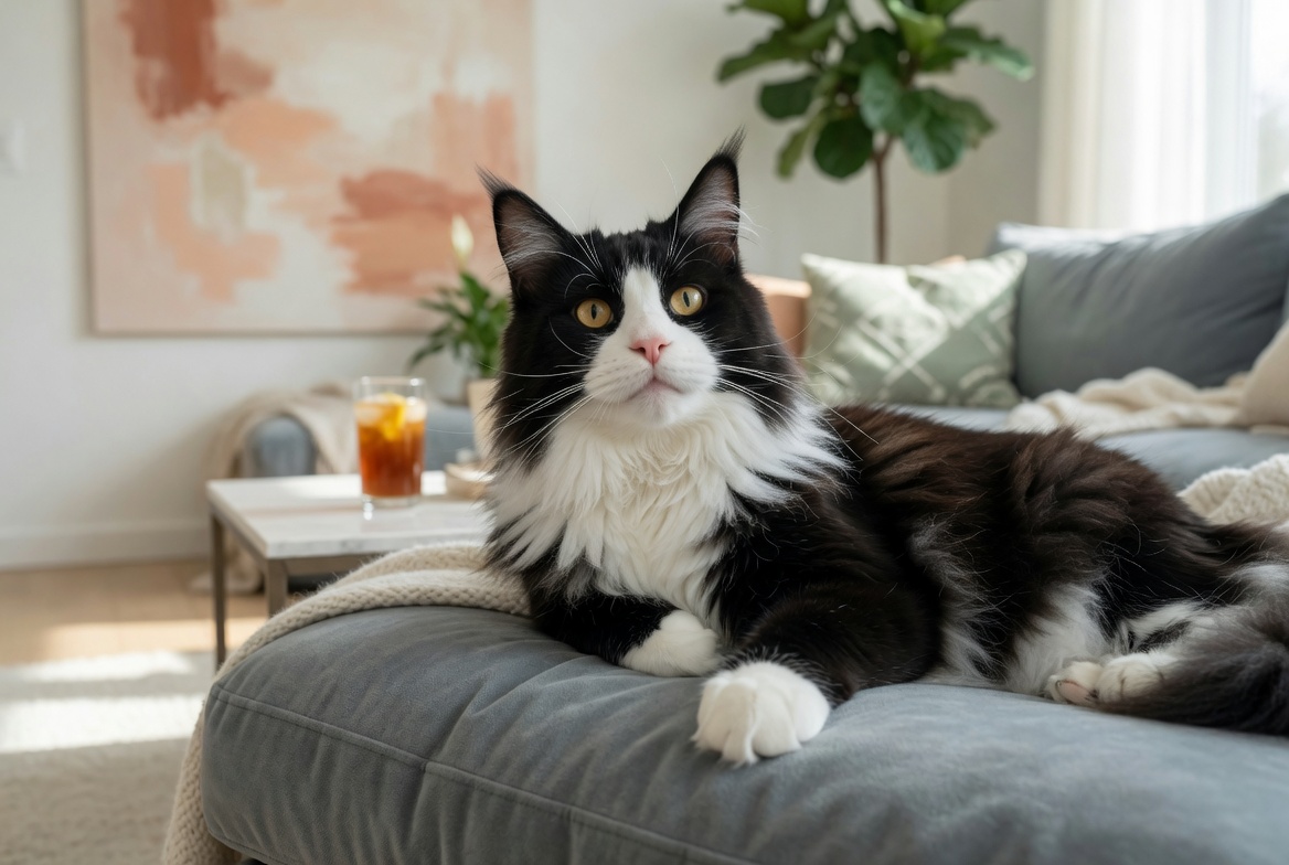 Maine Coon cat on chair, black and white photo